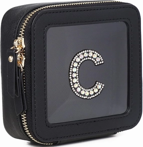 Clear Mini Makeup Bag Personalized Initial Cosmetic Bag Small Makeup Case & Toiletry Bag Birthday Gift for Women (C, Mini/Black)
