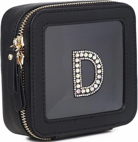 Clear Mini Makeup Bag Personalized Initial Cosmetic Bag Small Makeup Case & Toiletry Bag Birthday Gift for Women (D, Mini/Black)