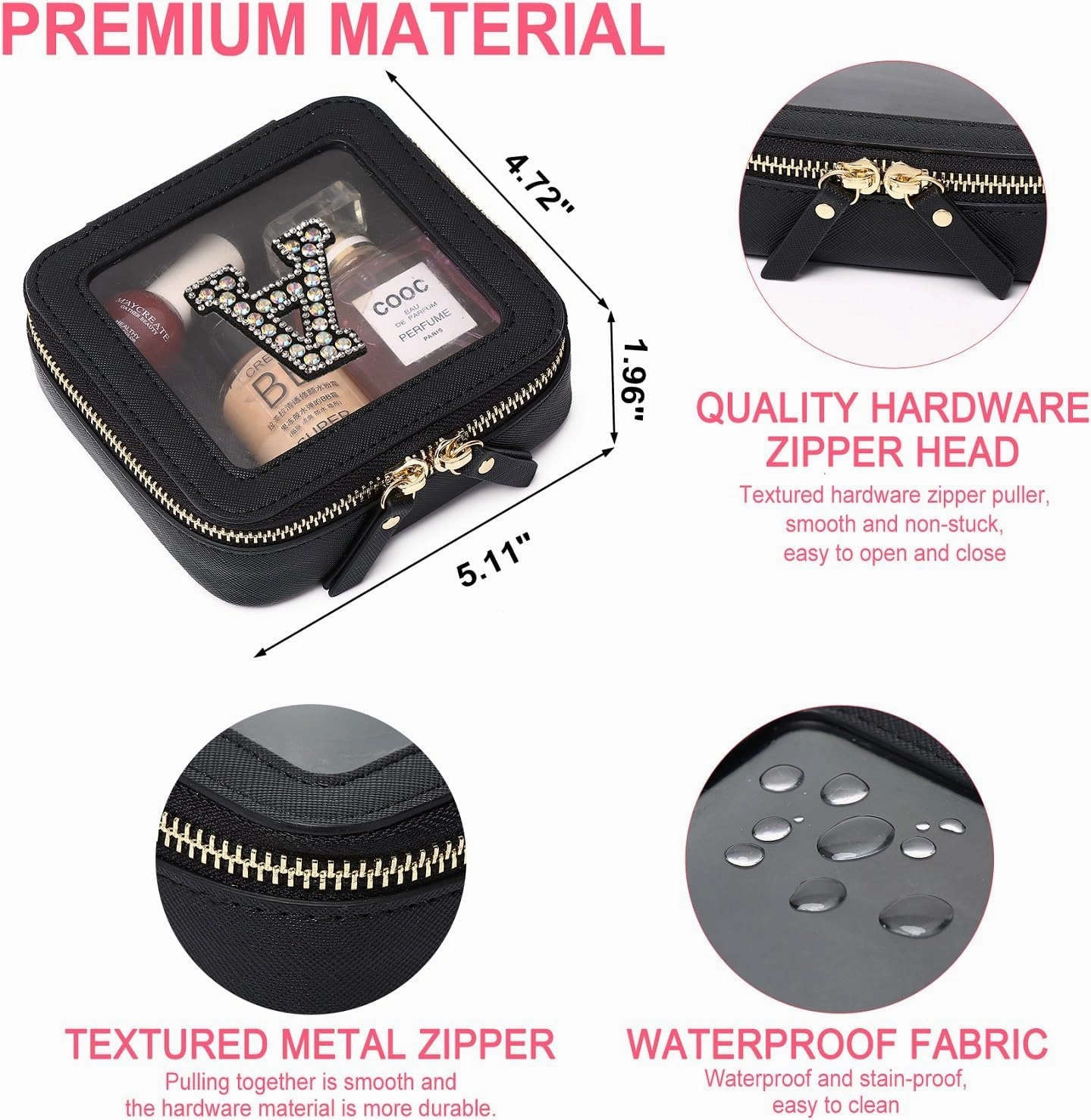 Clear Mini Makeup Bag Personalized Initial Cosmetic Bag Small Makeup Case & Toiletry Bag Birthday Gift for Women (E, Mini/Black)