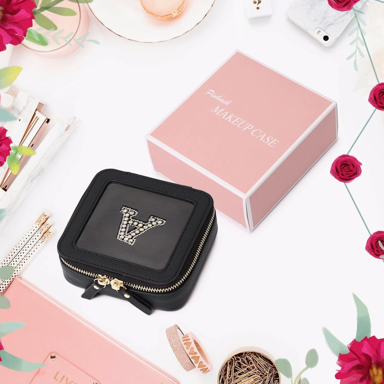 Clear Mini Makeup Bag Personalized Initial Cosmetic Bag Small Makeup Case & Toiletry Bag Birthday Gift for Women (E, Mini/Black)