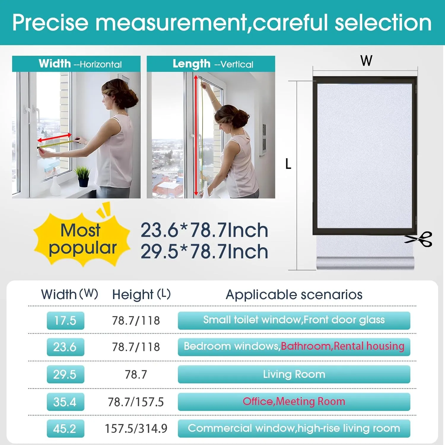 Coavas Window Privacy Film Frosted Glass Static Cling UV Sun Blocking Heat Control Window Tint Day and Night Insulation Home Bathroom Door Decorative Frosting Cover (45.2 x 157.5 Inch, Pure)