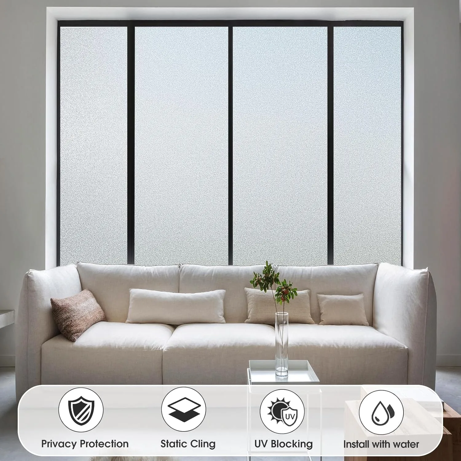 Coavas Window Privacy Film Frosted Glass Static Cling UV Sun Blocking Heat Control Window Tint Day and Night Insulation Home Bathroom Door Decorative Frosting Cover (45.2 x 157.5 Inch, Pure)