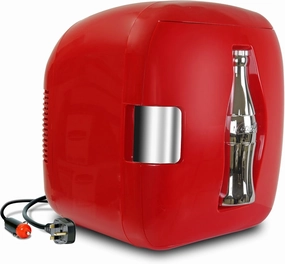 Coca-Cola CCU09 Heritage 12 Can Portable Cooler Warmer 7.9L (8.3 qt), DC Personal Fridge for Snacks Lunch Drinks Takeout, Includes 12V and AC Cords, for Home Office Dorm Travel, Red and Silver
