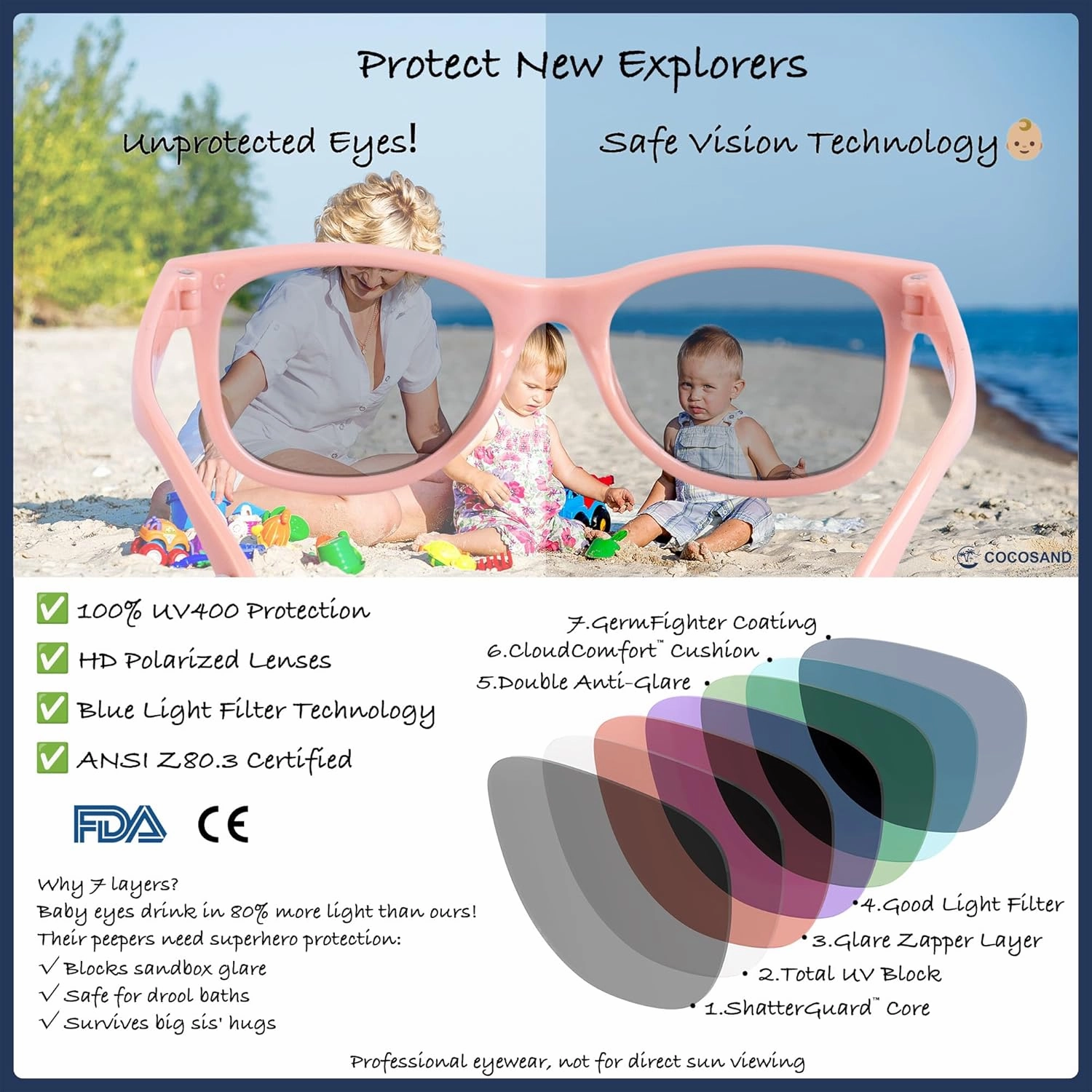 COCOSAND Flexible Polarized Baby Sunglasses with Strap UV Protection for Toddler Infant Girl Boy Age 0-24 Months