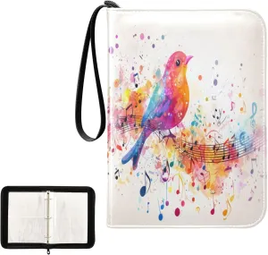Colorful Bird Music Notes Card Binder 4 Pocket, Trading Card Holder Fits 400 Game Cards with 50 Removable Sleeves, MTG Card Case Standard Size