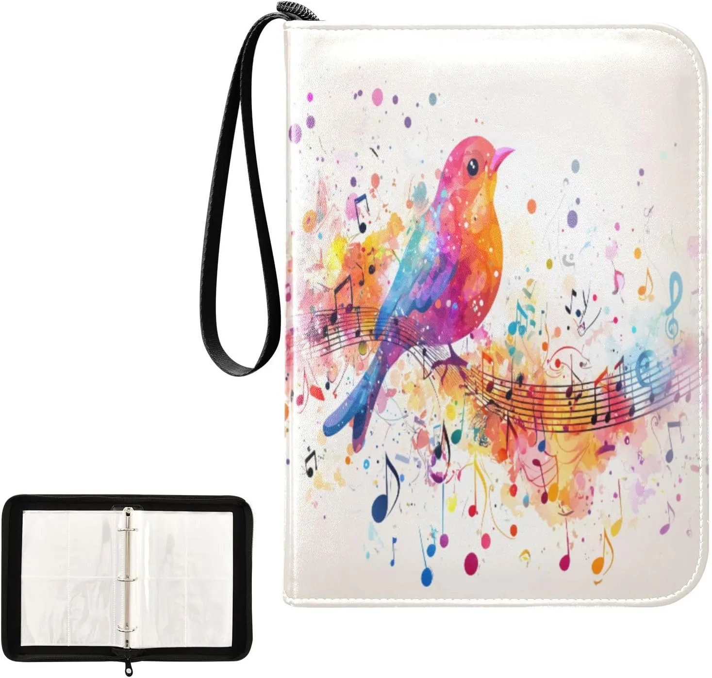 Colorful Bird Music Notes Card Binder 4 Pocket, Trading Card Holder Fits 400 Game Cards with 50 Removable Sleeves, MTG Card Case Standard Size