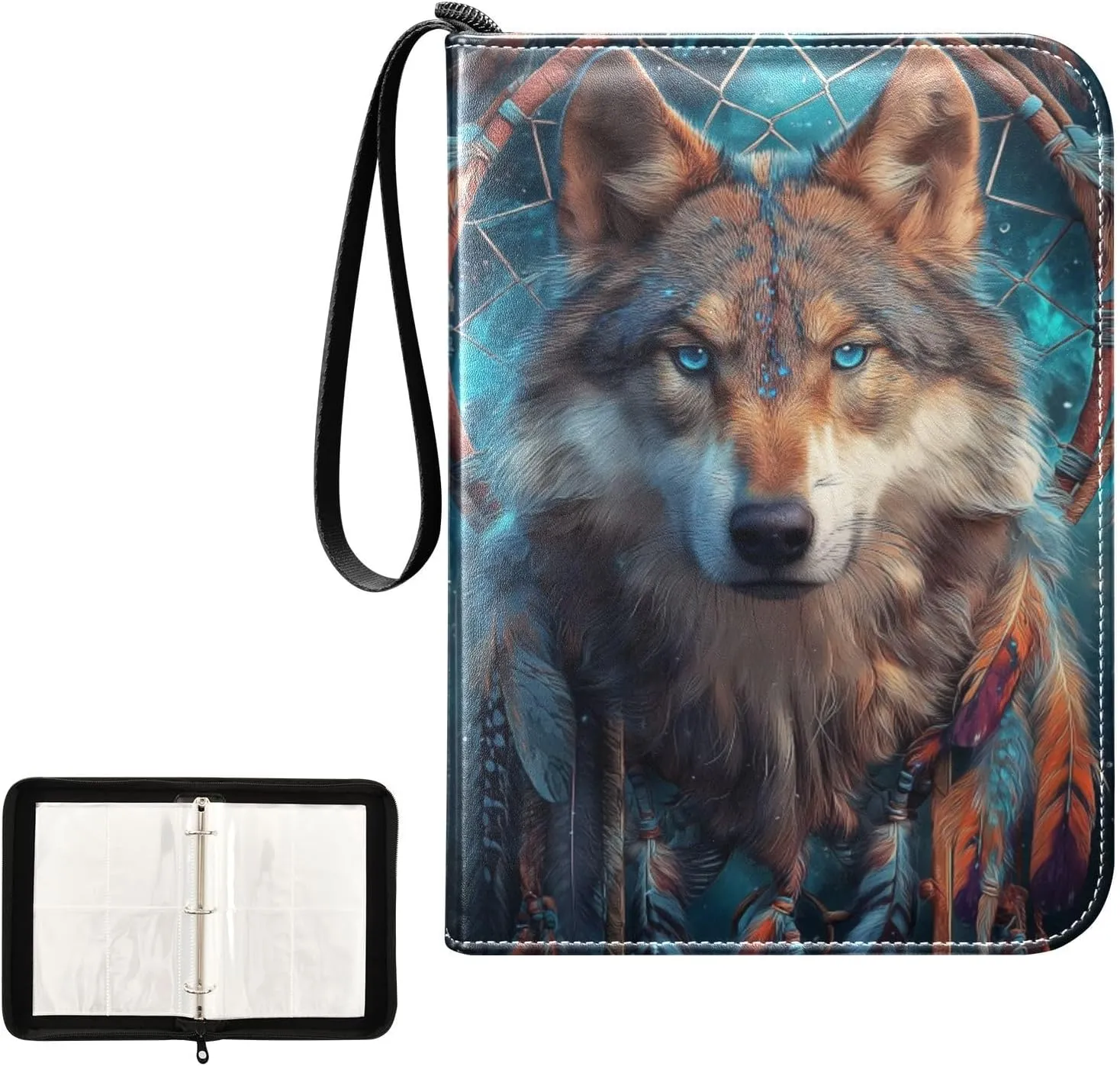 Colorful Dream Catcher Wolf Feather Card Binder 4 Pocket, Trading Card Holder Fits 400 Game Cards with 50 Removable Sleeves, MTG Card Case Standard Size