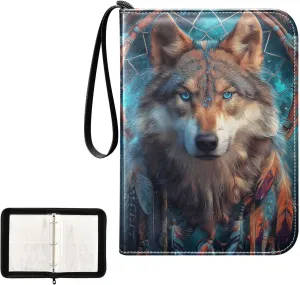 Colorful Dream Catcher Wolf Feather Card Binder 4 Pocket, Trading Card Holder Fits 400 Game Cards with 50 Removable Sleeves, MTG Card Case Standard Size
