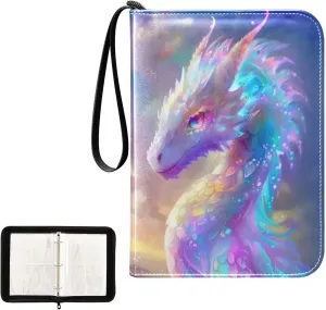 Colorful Glowing White Dragon Card Binder 4 Pocket, Trading Card Holder Fits 400 Game Cards with 50 Removable Sleeves, MTG Card Case Standard Size