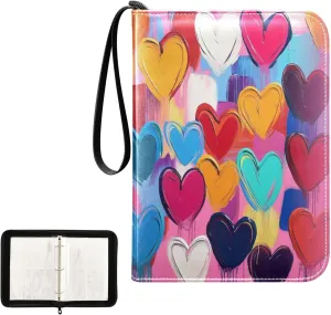 Colorful Painting Hearts Pattern Card Binder 4 Pocket, Trading Card Holder Fits 400 Game Cards with 50 Removable Sleeves, MTG Card Case Standard Size