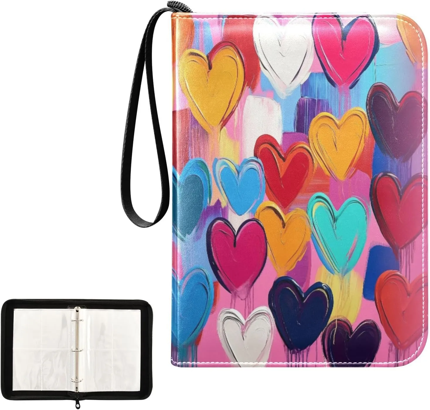 Colorful Painting Hearts Pattern Card Binder 4 Pocket, Trading Card Holder Fits 400 Game Cards with 50 Removable Sleeves, MTG Card Case Standard Size