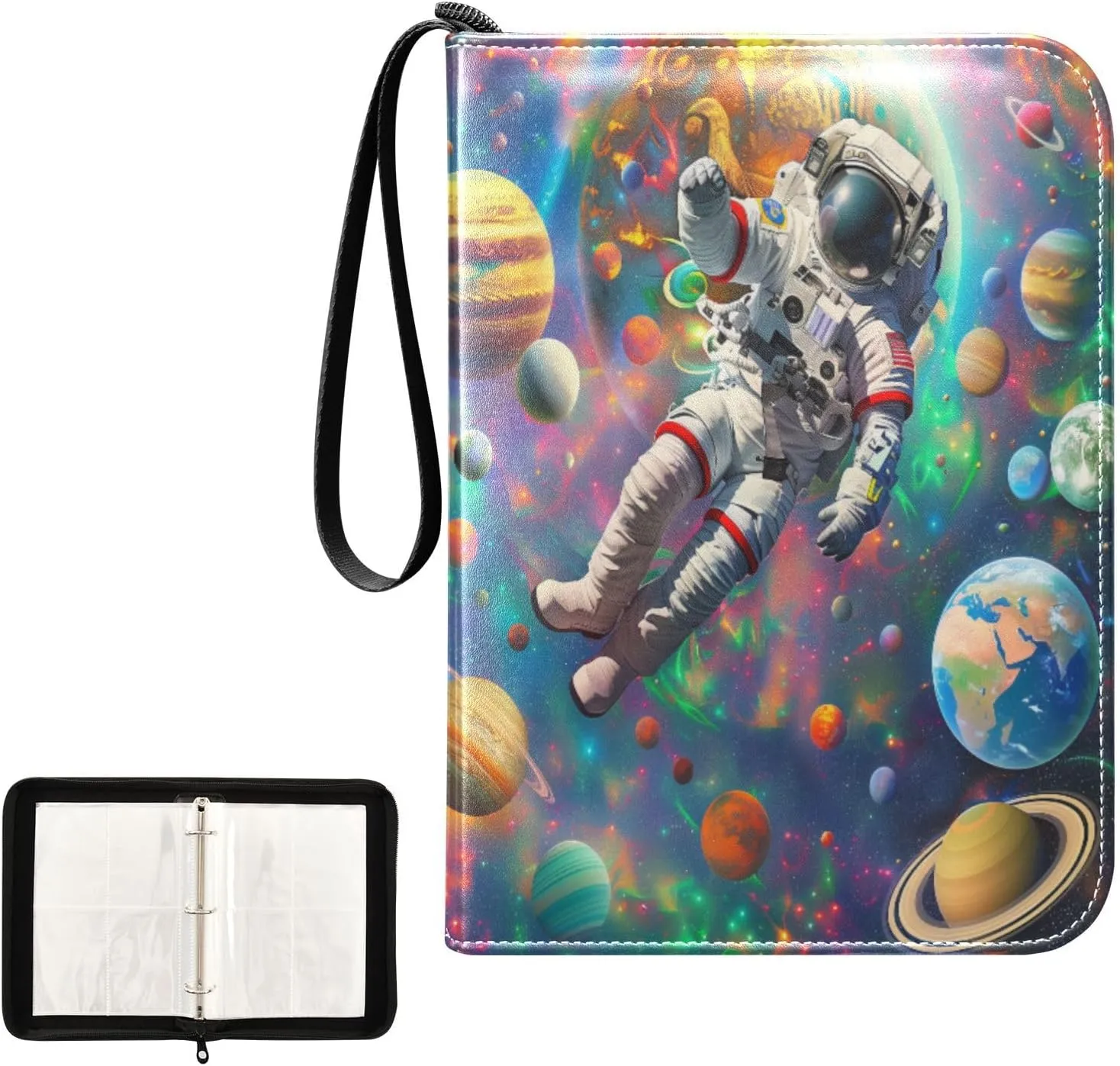 Colorful Planets Space Astronaut Card Binder 4 Pocket, Trading Card Holder Fits 400 Game Cards with 50 Removable Sleeves, MTG Card Case Standard Size