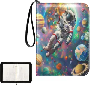 Colorful Planets Space Astronaut Card Binder 4 Pocket, Trading Card Holder Fits 400 Game Cards with 50 Removable Sleeves, MTG Card Case Standard Size