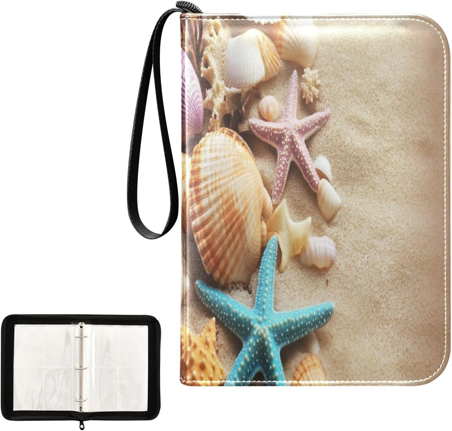Colorful Starfish Seashells Pattern Card Binder 4 Pocket, Trading Card Holder Fits 400 Game Cards with 50 Removable Sleeves, MTG Card Case Standard Size