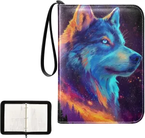 Colorful Wolf Starry Night Galaxy Card Binder 4 Pocket, Trading Card Holder Fits 400 Game Cards with 50 Removable Sleeves, MTG Card Case Standard Size