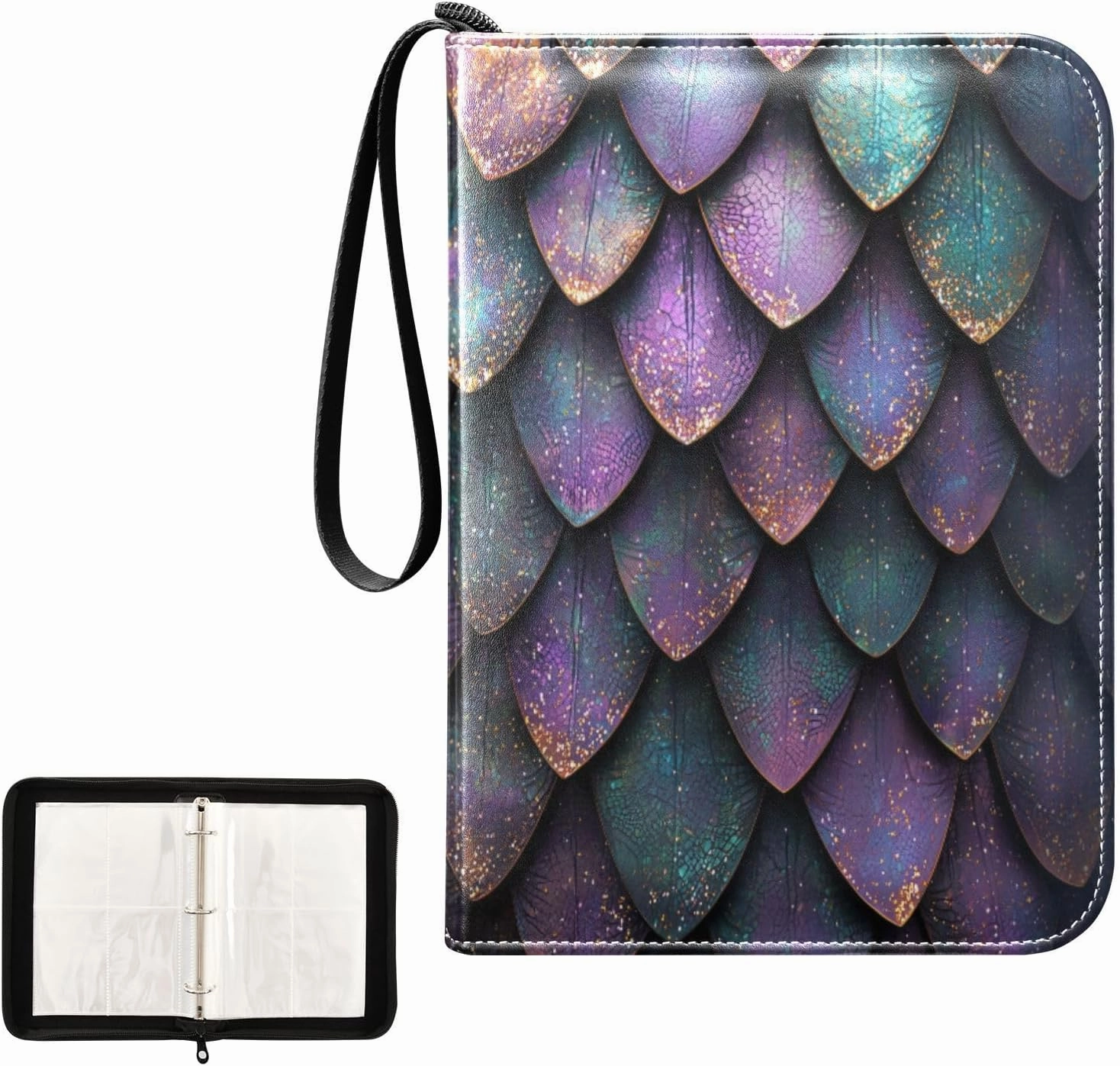 Colorful Golden Dragon Scales Card Binder 4 Pocket, Trading Card Holder Fits 400 Game Cards with 50 Removable Sleeves, MTG Card Case Standard Size