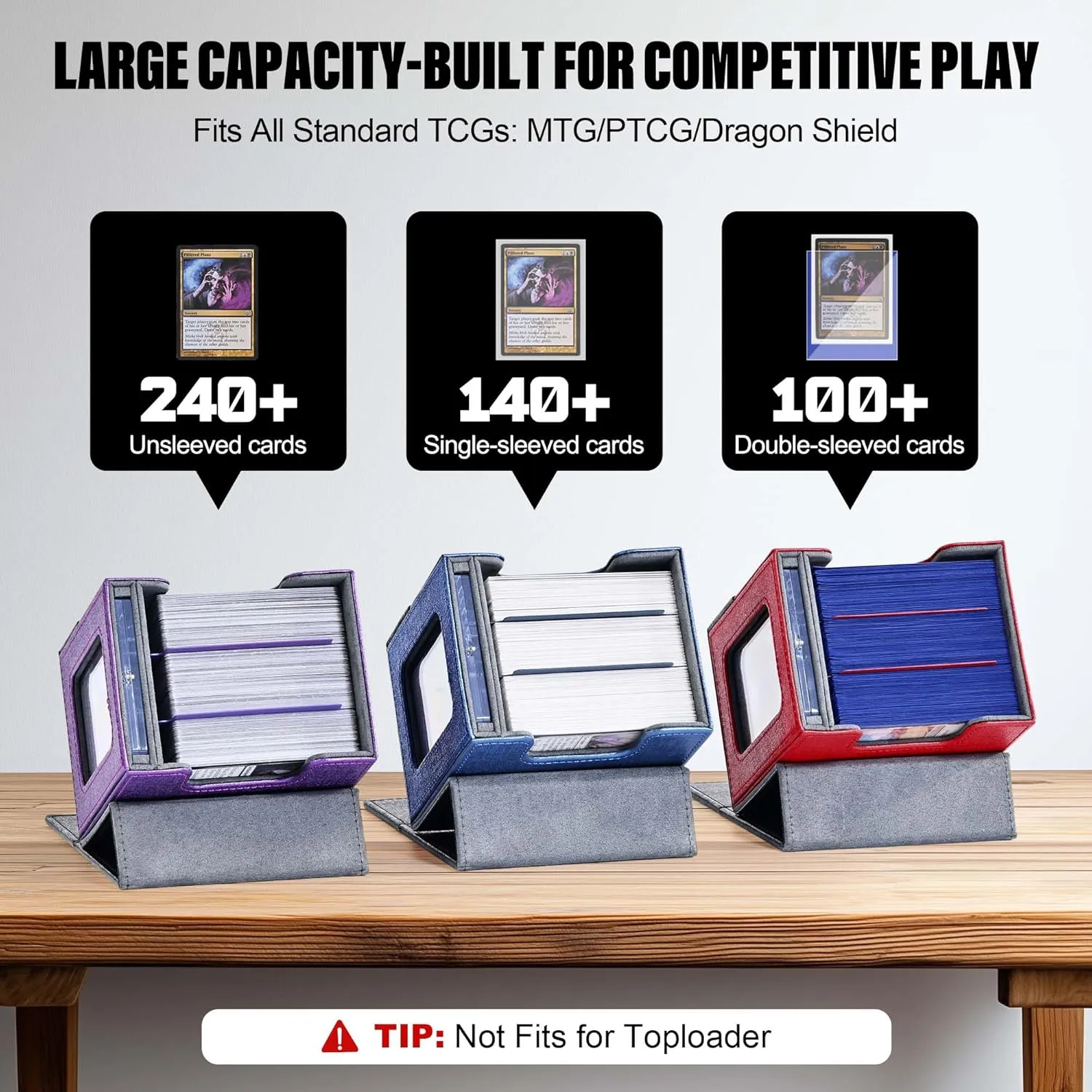 Commander Deck Box for MTG with Metal Emblem, Card Deck Box with Dice Tray, Holds 100 Double-Sleeved Cards for TCG/PTCG, Cards Storage Case with 35PT Magnetic Card Holder (Black& Purple, Ring-Bronze)