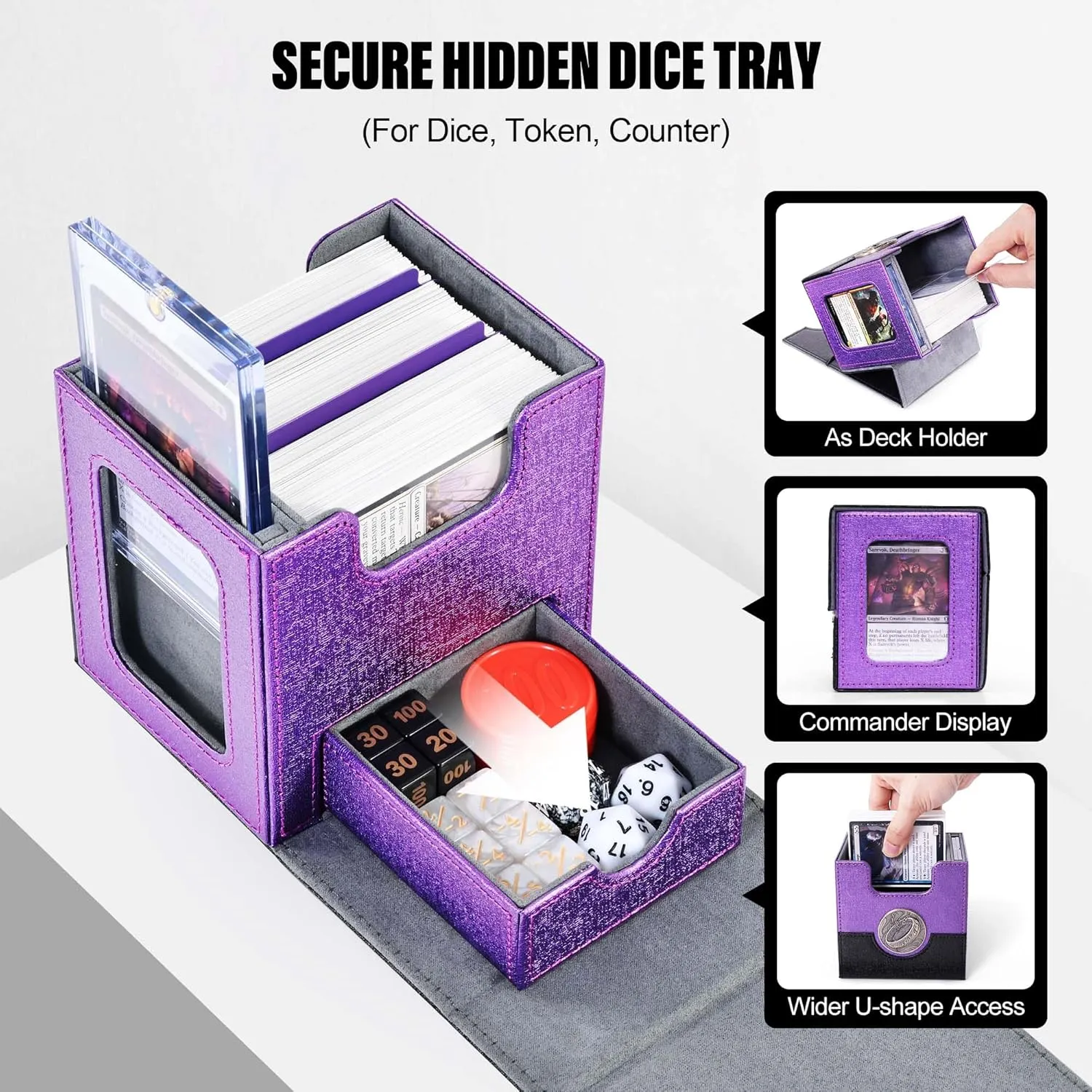 Commander Deck Box for MTG with Metal Emblem, Card Deck Box with Dice Tray, Holds 100 Double-Sleeved Cards for TCG/PTCG, Cards Storage Case with 35PT Magnetic Card Holder (Black& Purple, Ring-Bronze)