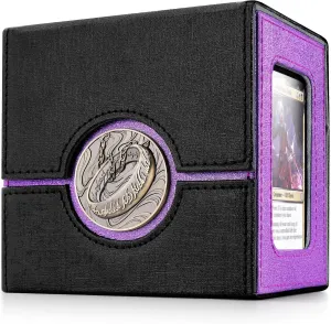 Commander Deck Box for MTG with Metal Emblem, Card Deck Box with Dice Tray, Holds 100 Double-Sleeved Cards for TCG/PTCG, Cards Storage Case with 35PT Magnetic Card Holder (Black& Purple, Ring-Bronze)