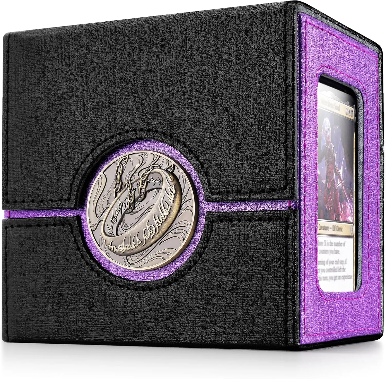 Commander Deck Box for MTG with Metal Emblem, Card Deck Box with Dice Tray, Holds 100 Double-Sleeved Cards for TCG/PTCG, Cards Storage Case with 35PT Magnetic Card Holder (Black& Purple, Ring-Bronze)