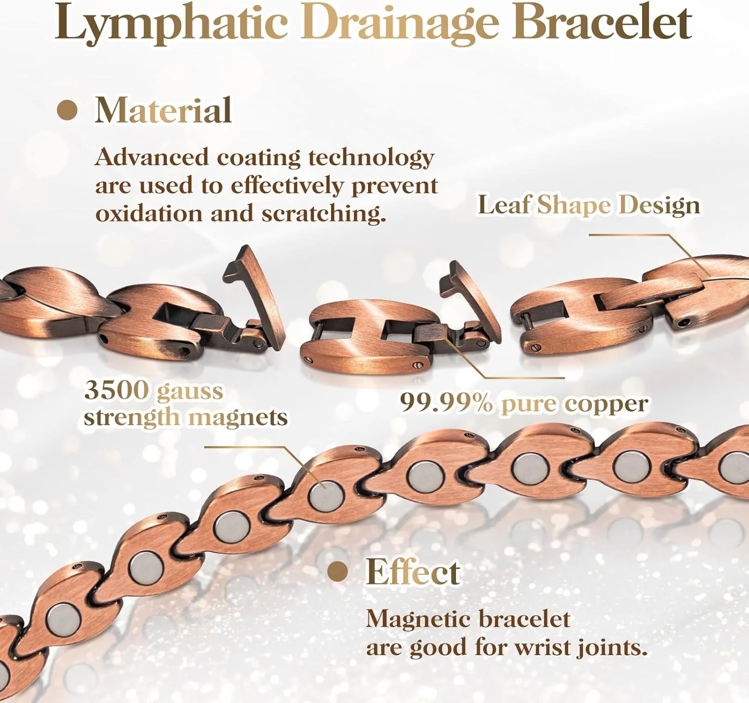 Copper Bracelets for Women Lymph Detox Magnetic Bracelets, 100% Solid Pure Copper Bracelet with 3500 Gauss Magnets & Lymphatic Drainage Ring with Adjustment Tool
