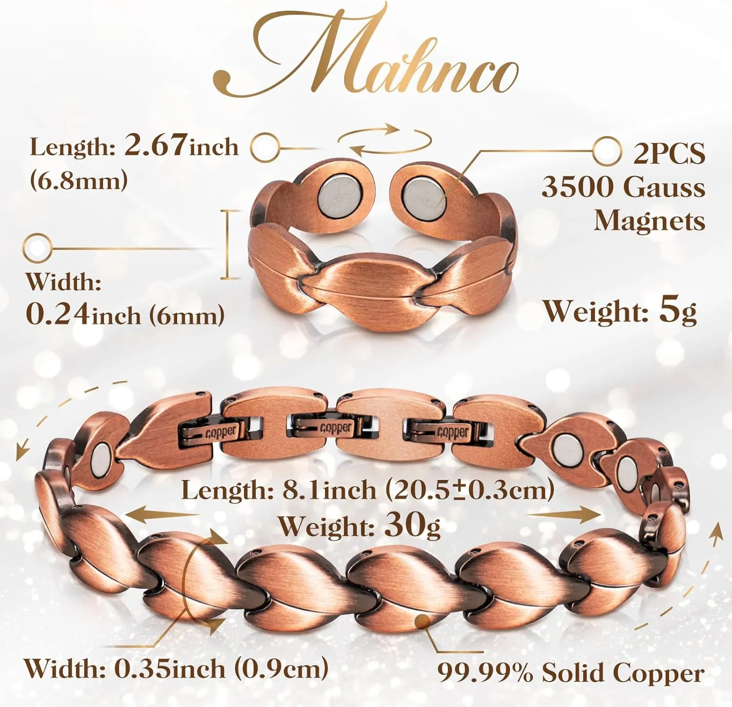 Copper Bracelets for Women Lymph Detox Magnetic Bracelets, 100% Solid Pure Copper Bracelet with 3500 Gauss Magnets & Lymphatic Drainage Ring with Adjustment Tool