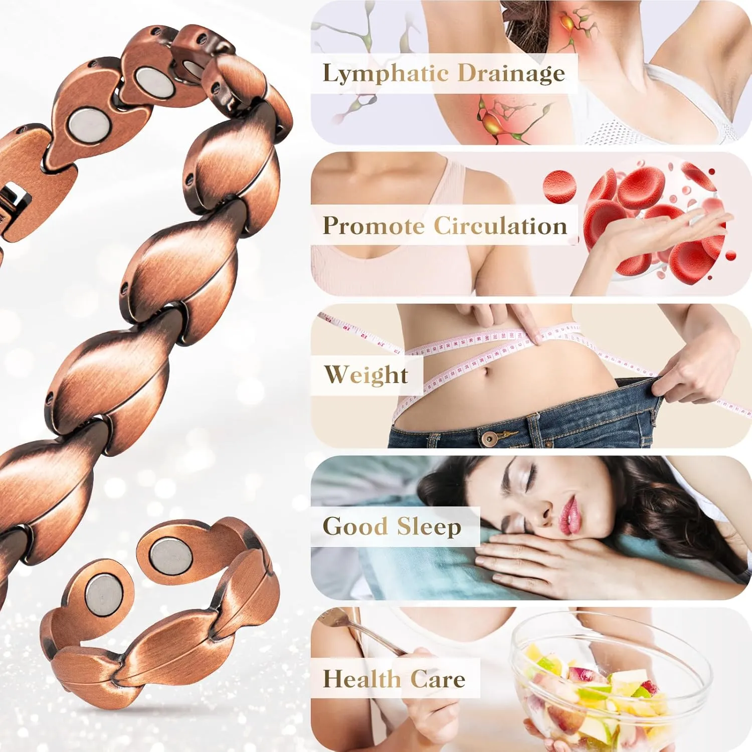 Copper Bracelets for Women Lymph Detox Magnetic Bracelets, 100% Solid Pure Copper Bracelet with 3500 Gauss Magnets & Lymphatic Drainage Ring with Adjustment Tool
