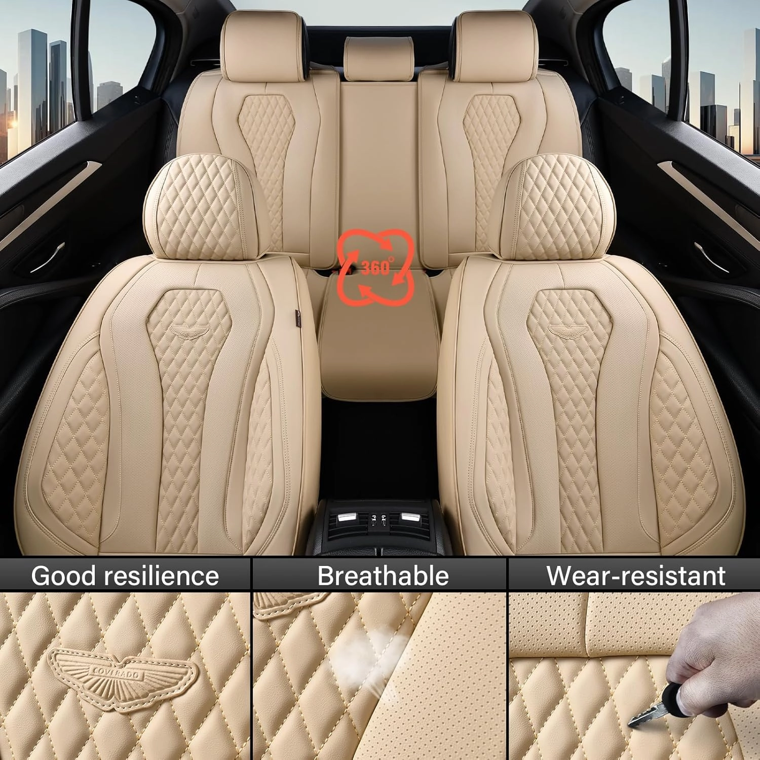 Coverado Automotive Seat Covers, Car Seat Covers Full Set, Beige Car Seat Cover, Car Seat Cushion Waterproof, Front Seats Back Seat Covers, Car Seat Protector Universal Fit Most Cars