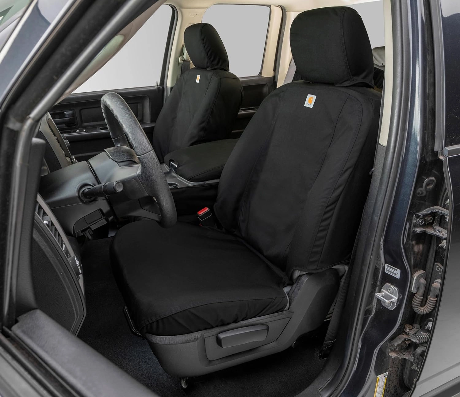 Covercraft Carhartt Super Dux SeatSaver Custom Seat Covers | Fits 2017-18 Ram 1500, 2019-2024 Ram 1500 Classic, 2017-2018 Ram 2500/3500 | 1st Row Bucket Seats, Super Dux Black