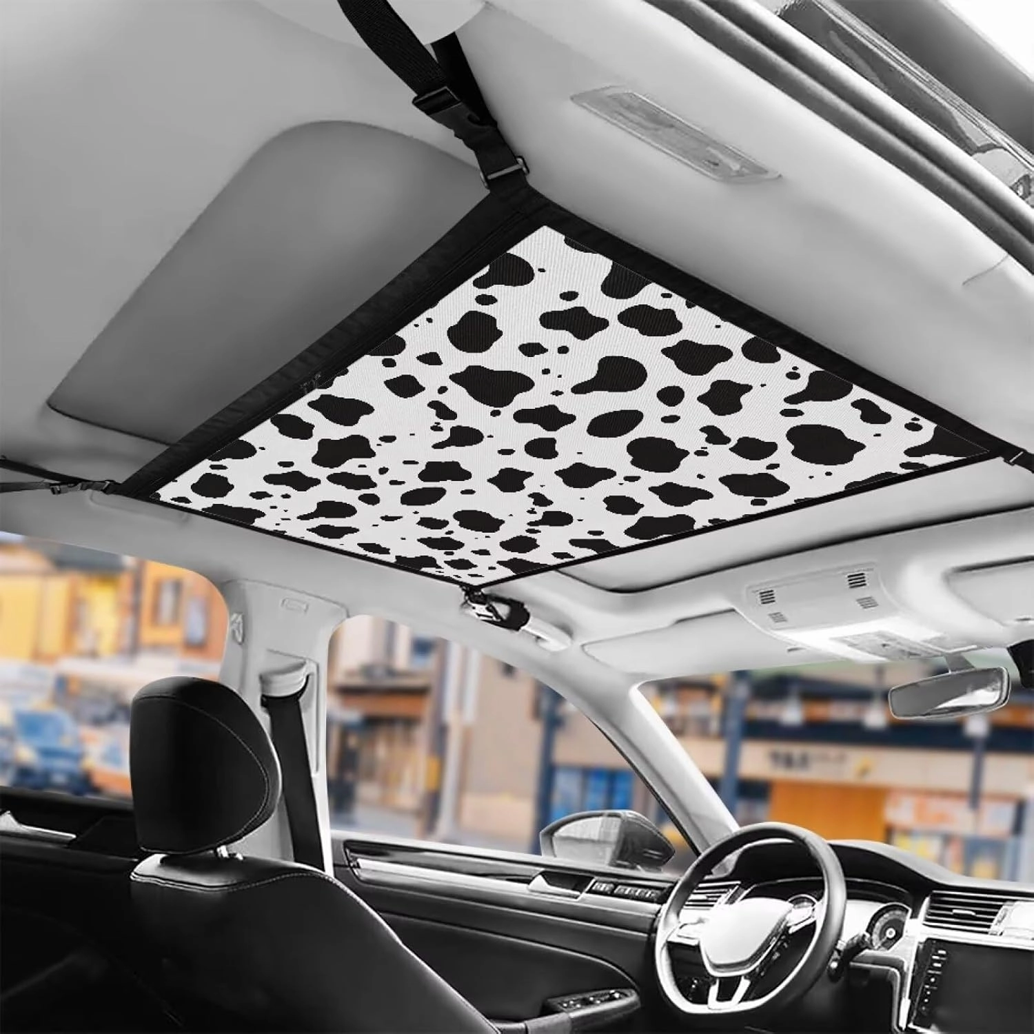 Cow Texture Printed Car Cargo Net Bag Waterproof Roof Cargo Net Vehicle Interior Storage Accessories, Universal Road Trip Essentials Car Organizers and Storage for Car Truck SUV