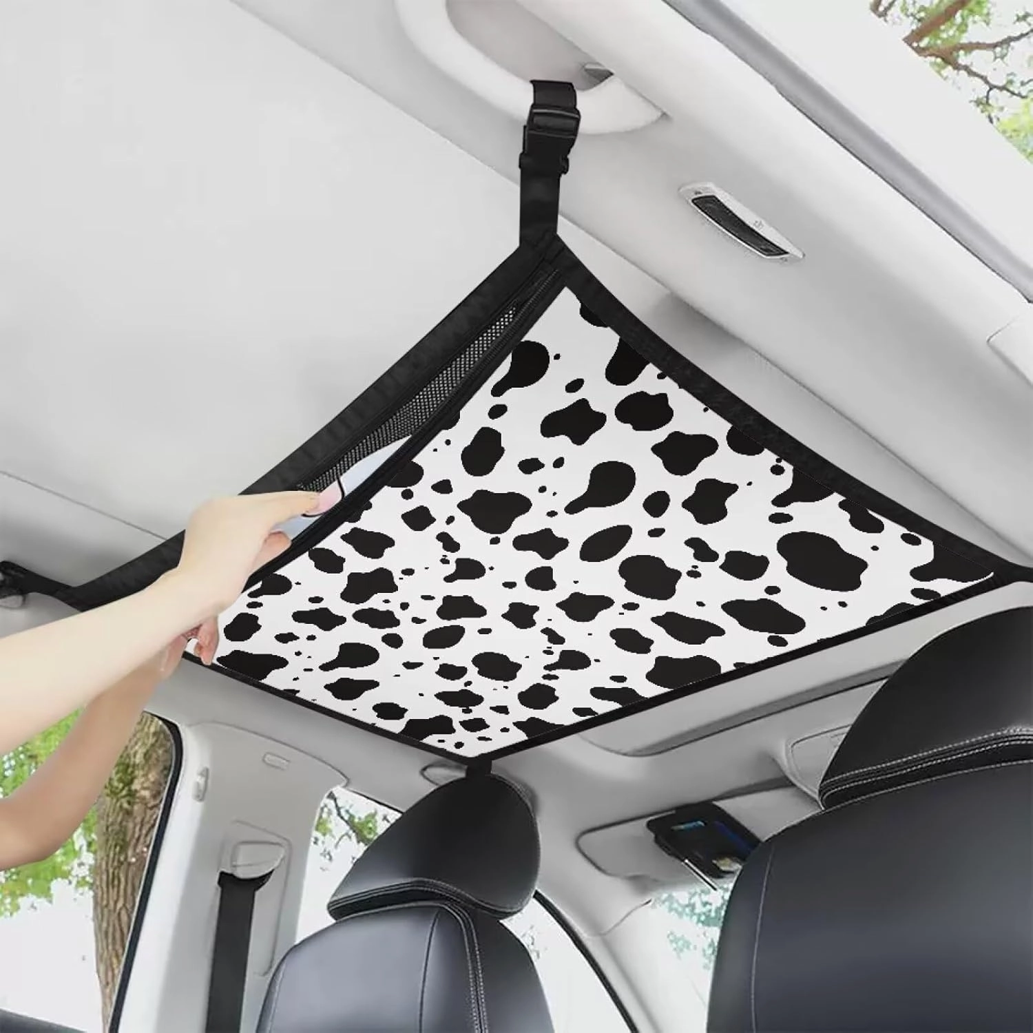 Cow Texture Printed Car Cargo Net Bag Waterproof Roof Cargo Net Vehicle Interior Storage Accessories, Universal Road Trip Essentials Car Organizers and Storage for Car Truck SUV