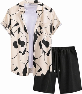 COZYEASE Men's Tropical Print 2 Piece Outfits Short Sleeve Button Down Shirt Tops and Shorts Set