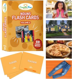 CreateFun Noun Flash Cards - 50 Educational Vocabulary Builder Picture Cards - 5 Learning Games - Toddlers, Preschool Teachers, Speech Therapy Materials and Special Education Supplies