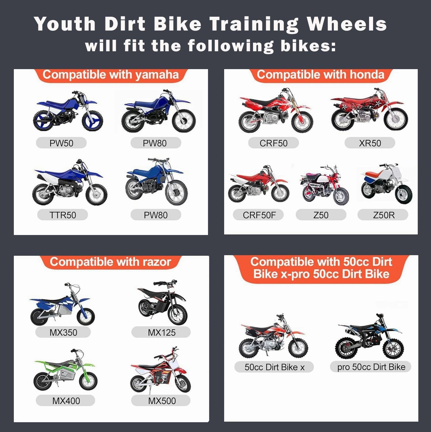 CRF50 / XR50 / Z50R Dirt Bike Training Wheels - BIKE NOT INCLUDED! Adjustable Height