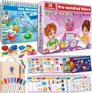 Curious 2 Learn Montessori PREASSEMBLED Busy Book for Toddlers Ages 3 and Up, Pre K Preschool Learning Activities Book - Autism Sensory Learning & Education Toys Kindergarten Workbook (Pink)
