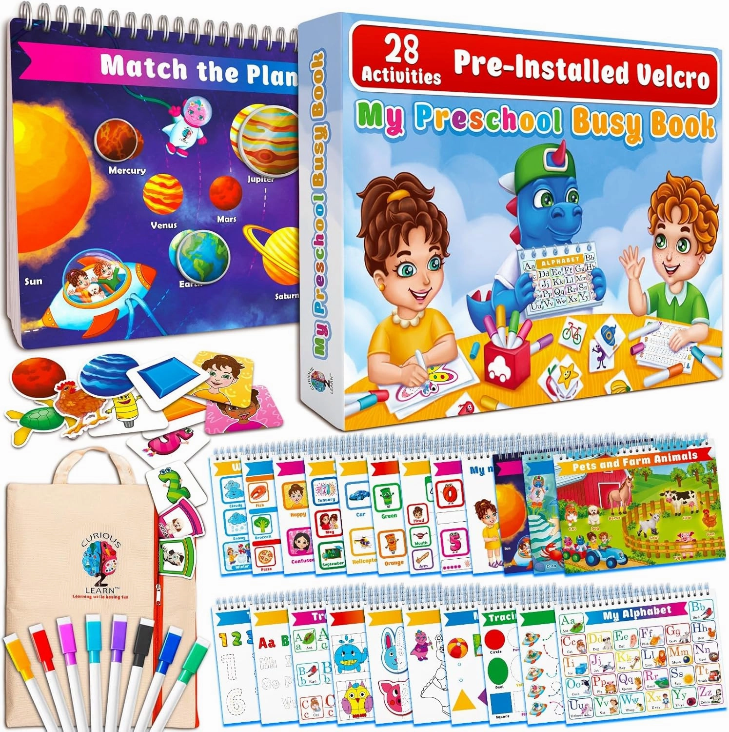 Curious 2 Learn Montessori pre-Assembled Busy Book for Toddlers Ages 3 and Up, Pre K Preschool Learning Activities Book - Autism Sensory Learning & Education Toys Kindergarten Workbook (Blue)