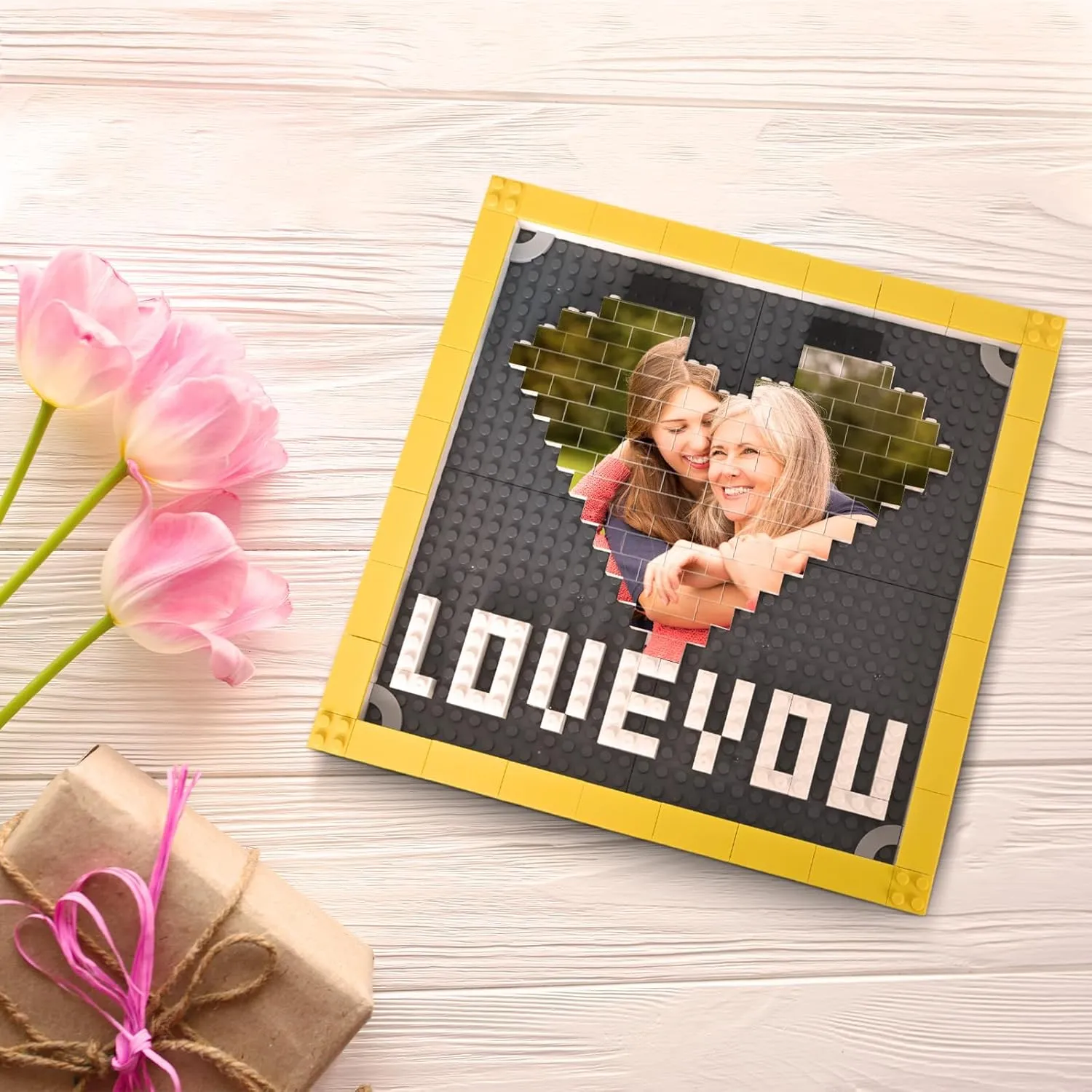 Custom Gifts Building Brick, Personalized DIY Block Puzzle for Mothers Birthday Gifts, Personalized LOVE U Building Block Photo Frame for Couples Mom Dad Parent Him Her