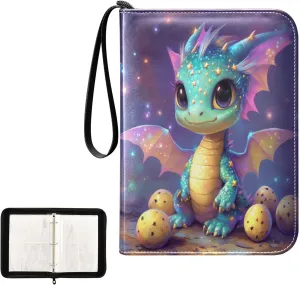Cute Dragon Colorful Stars Eggs Card Binder 4 Pocket, Trading Card Holder Fits 400 Game Cards with 50 Removable Sleeves, MTG Card Case Standard Size
