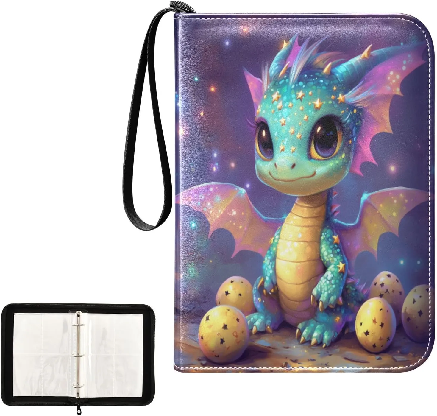 Cute Dragon Colorful Stars Eggs Card Binder 4 Pocket, Trading Card Holder Fits 400 Game Cards with 50 Removable Sleeves, MTG Card Case Standard Size