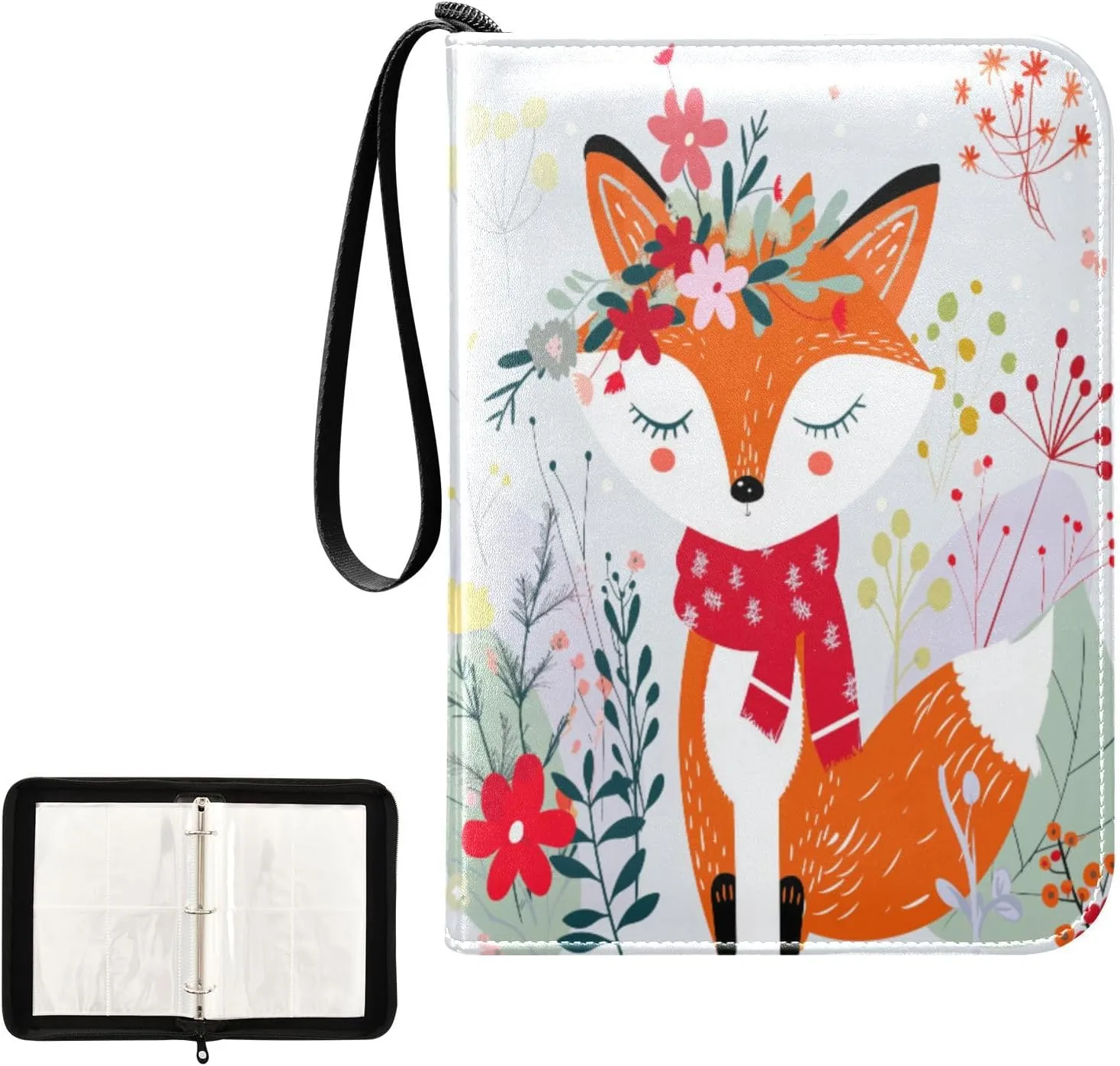 Cute Fox Colorful Plants Card Binder 4 Pocket, Trading Card Holder Fits 400 Game Cards with 50 Removable Sleeves, MTG Card Case Standard Size
