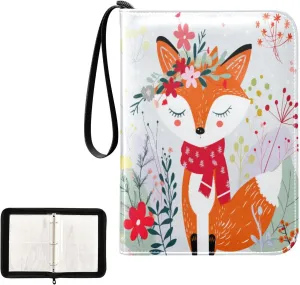 Cute Fox Colorful Plants Card Binder 4 Pocket, Trading Card Holder Fits 400 Game Cards with 50 Removable Sleeves, MTG Card Case Standard Size