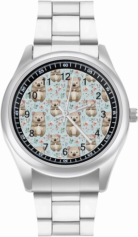 Cute Wombat and Flowers Pattern Casual Wrist Watches for Men Classic Business Dress Watch Big Face for Work Gym