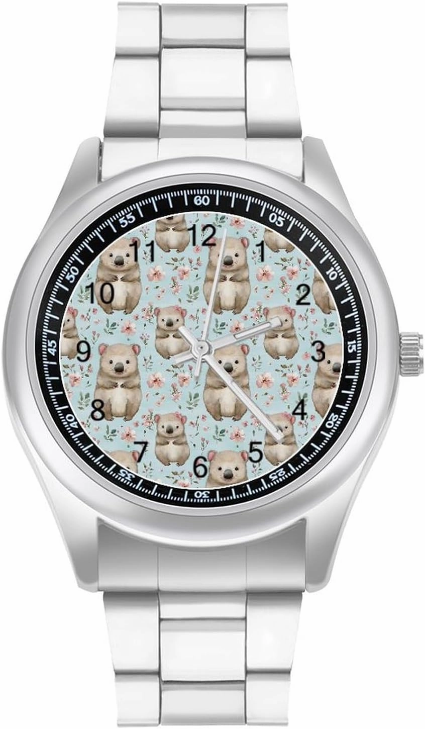 Cute Wombat and Flowers Pattern Casual Wrist Watches for Men Classic Business Dress Watch Big Face for Work Gym