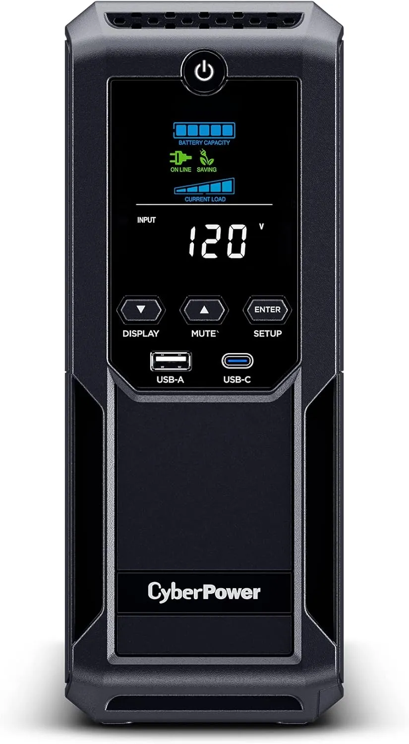 CyberPower BRG1500AVRLCD2 Intelligent LCD UPS System, 1500VA/900W, 12 Outlets 2 USB Ports, AVR, Mini-Tower, UL Certified, 5-Year Warranty