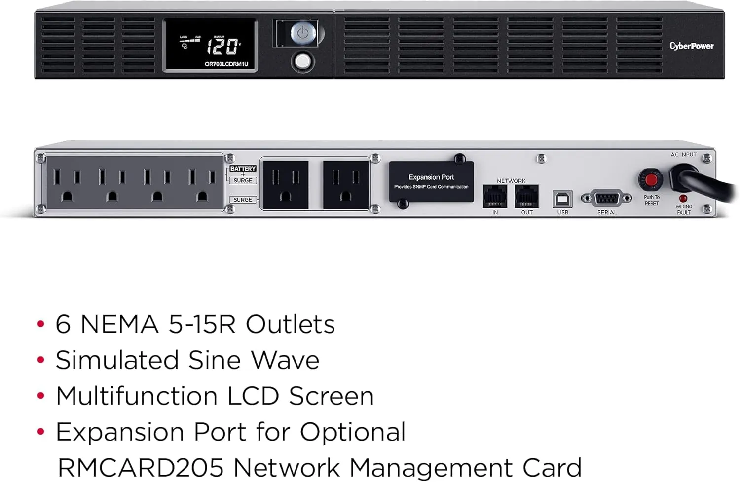 CyberPower OR700LCDRM1U Smart App LCD UPS, 700VA/400W, 6 Outlets, AVR, 1U Rackmount