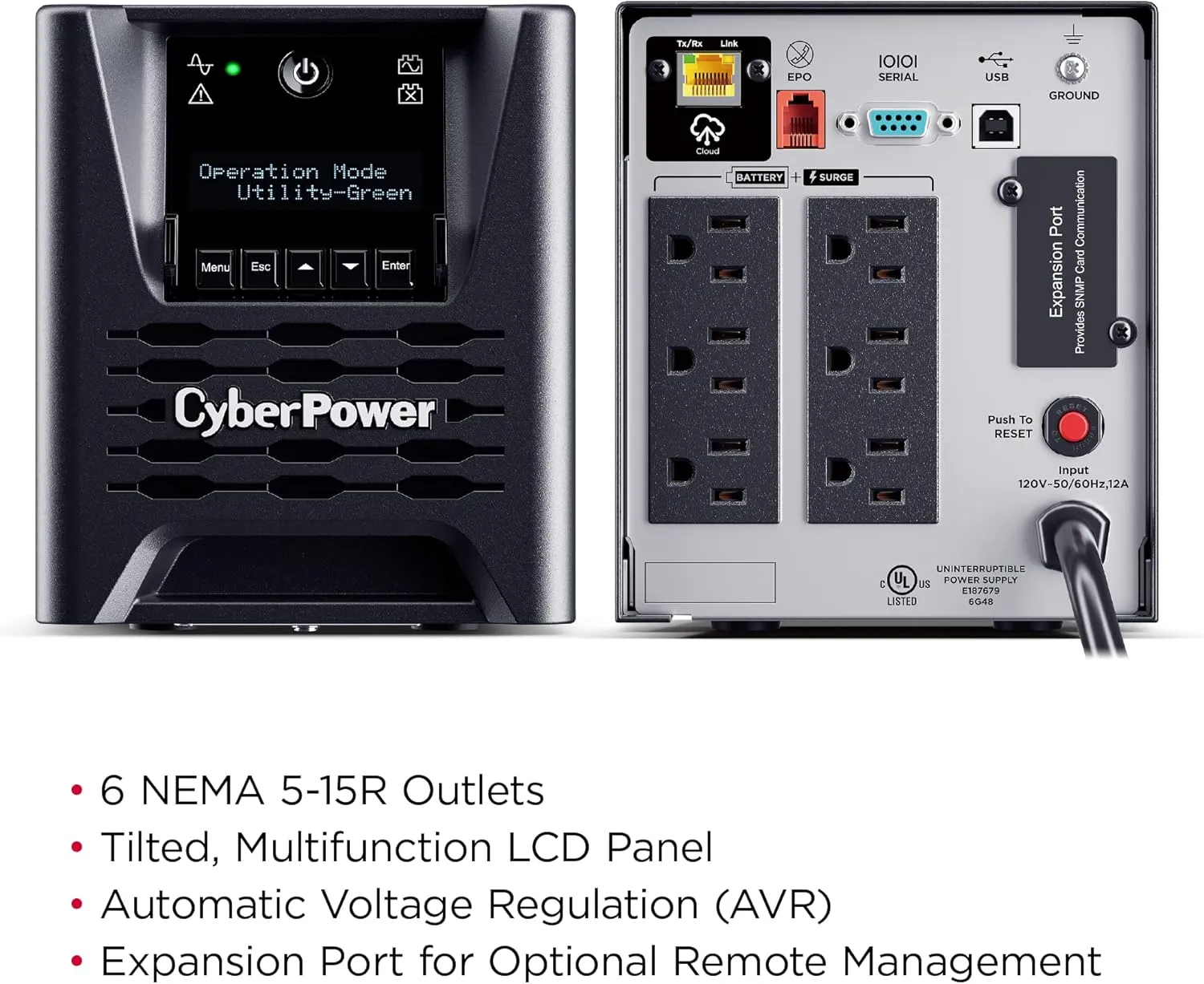 CyberPower PR750LCD3C Smart App Sinewave UPS System, 750VA/750W, 6 Outlets, AVR, Mini-Tower, UL Certified