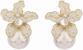 Dainty Flower Pearl Stud Earrings | Gold Plated Large Freshwater Cultured White Pearl Flower Dangle Stud Earrings with Clear AAAAA Marquise Cubic Zirconia Dangle Fashion Jewelry for Women