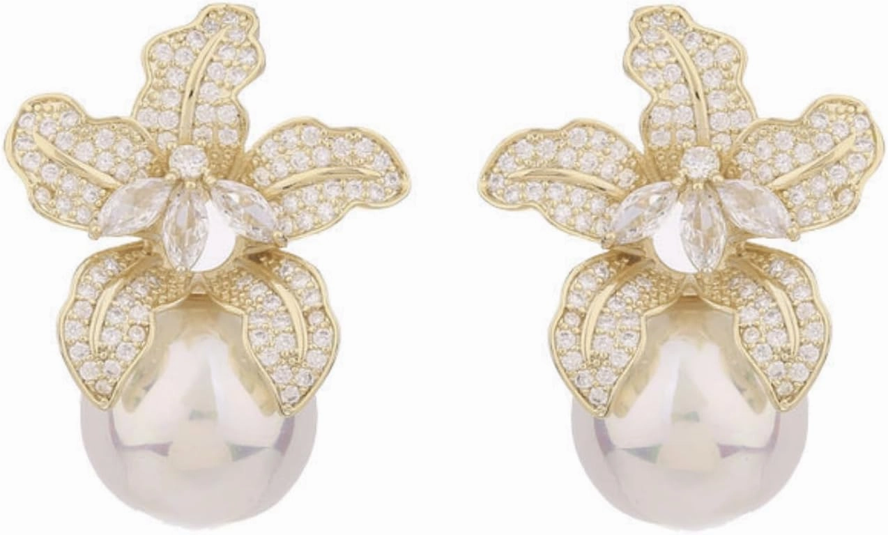 Dainty Flower Pearl Stud Earrings | Gold Plated Large Freshwater Cultured White Pearl Flower Dangle Stud Earrings with Clear AAAAA Marquise Cubic Zirconia Dangle Fashion Jewelry for Women