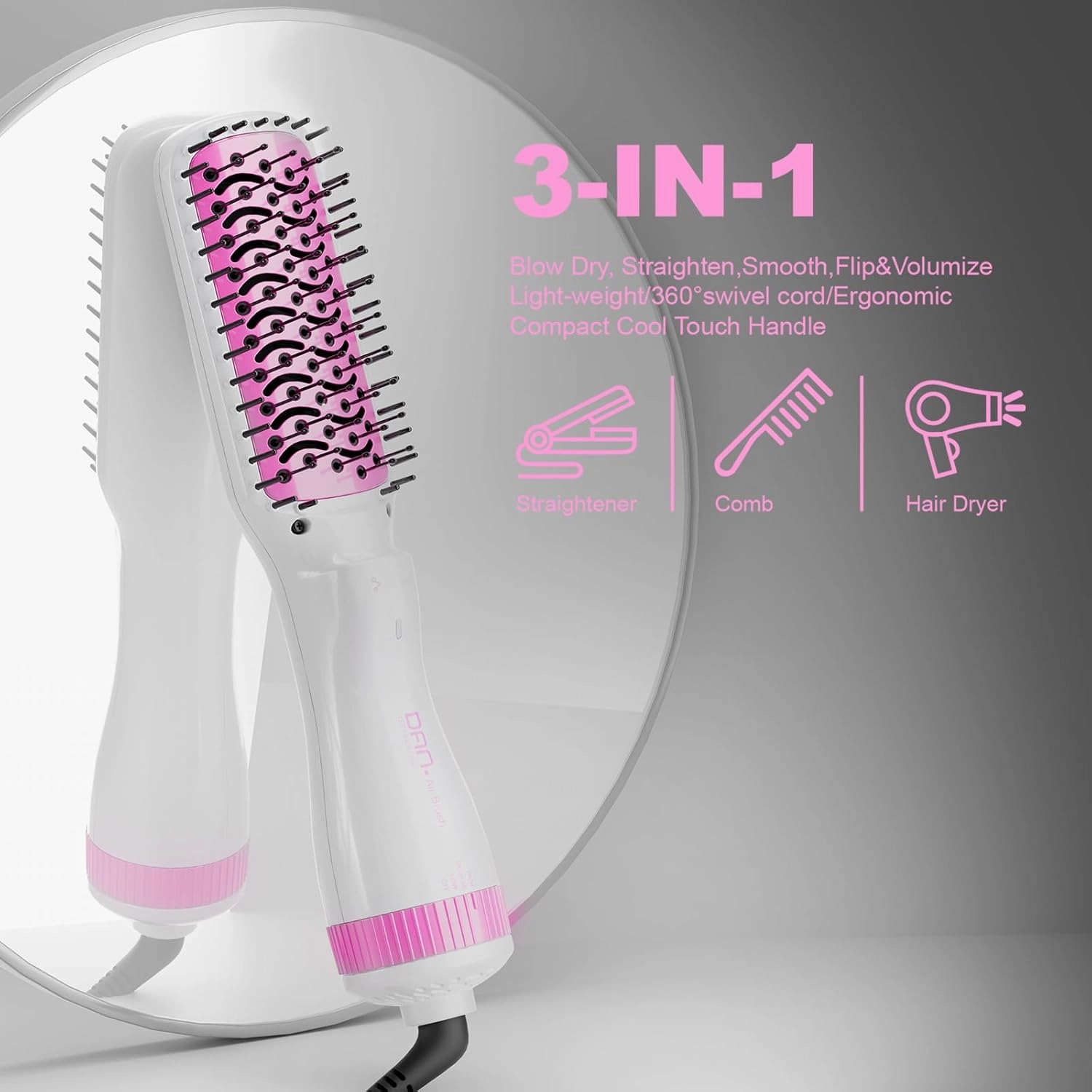 DAN Technology 3 in 1 Blow Dryer Brush,Hair Dryer Brush Blow Dryer,Paddle Brush Blow Dryer,Hair Straightener Brush Blow Dryer,Blow Dryer Brush for Black Hair