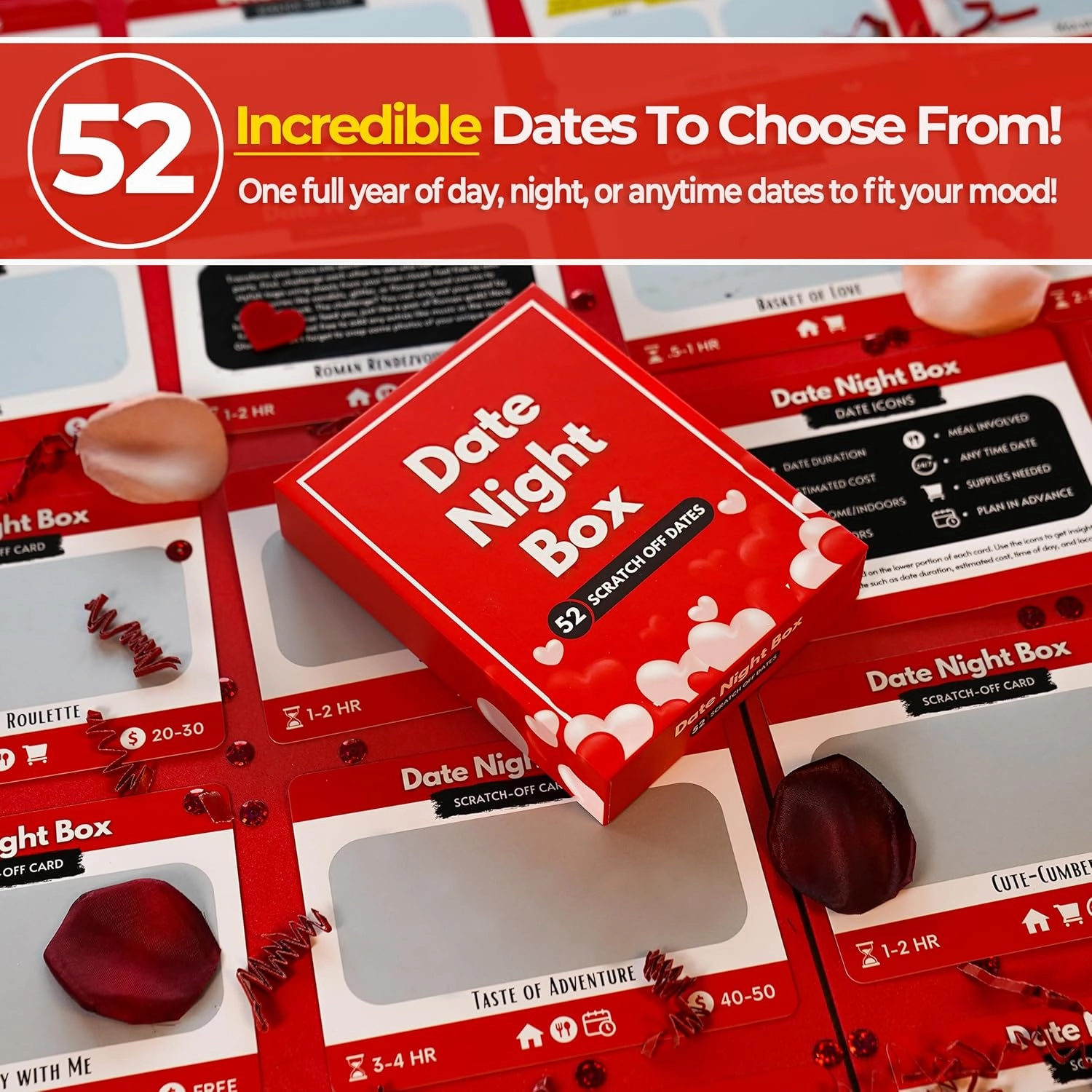Date Night Box: 52 Fun & Romantic Scratch-Off Date Night Ideas Card Game, Couples Gift for Him, Her, Husband, Wife, Boyfriend, Girlfriend - Anniversary, Wedding, Newlywed, Birthday